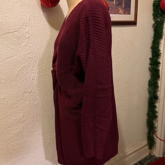 Burgandy Ribbed Long Sleeve V-neck Twist Knot Tunic Mini Sweater Dress Size S - Picture 7 of 9